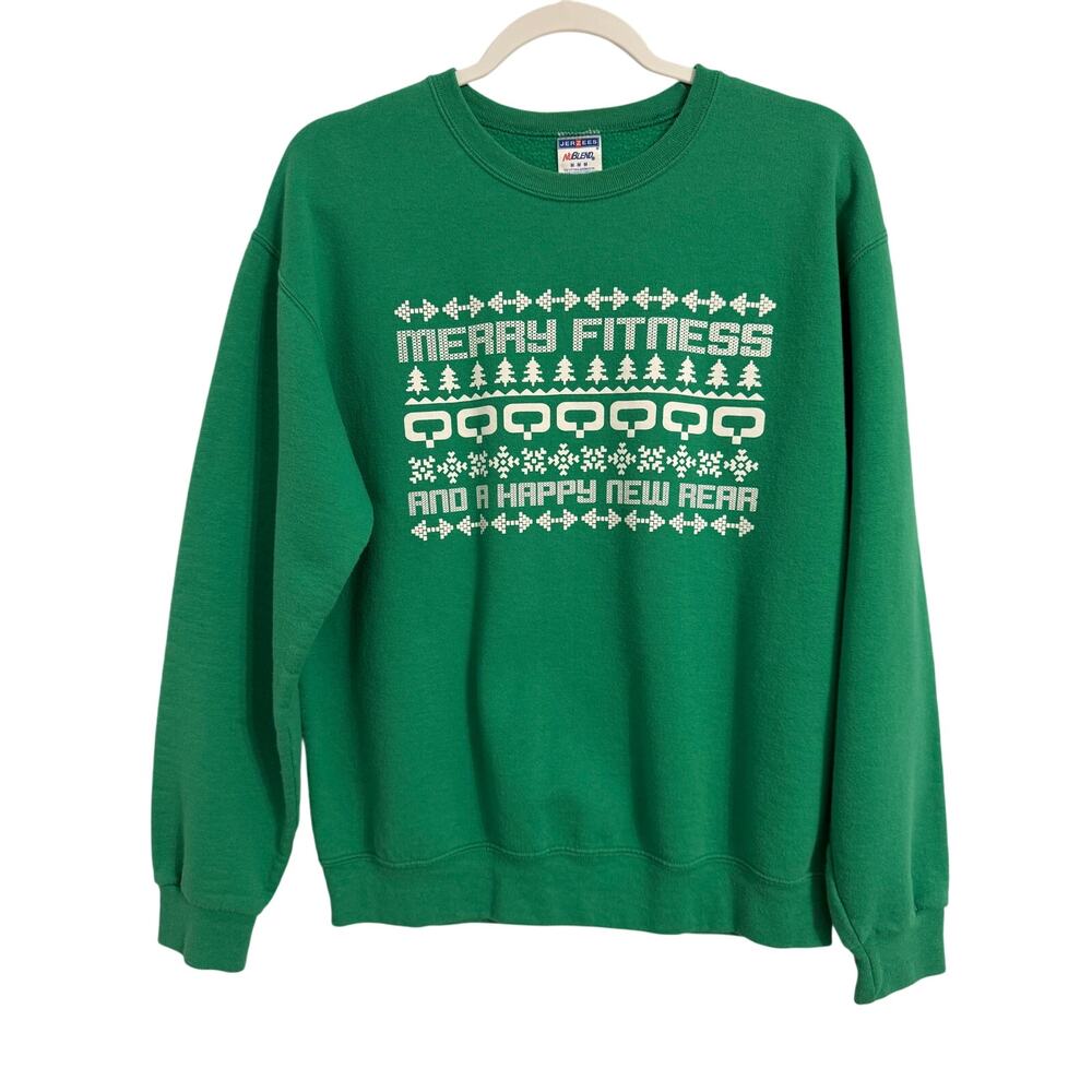 Women's Med Green Pull Over Sweatshirt Festive Holiday Workout Fitness Funny